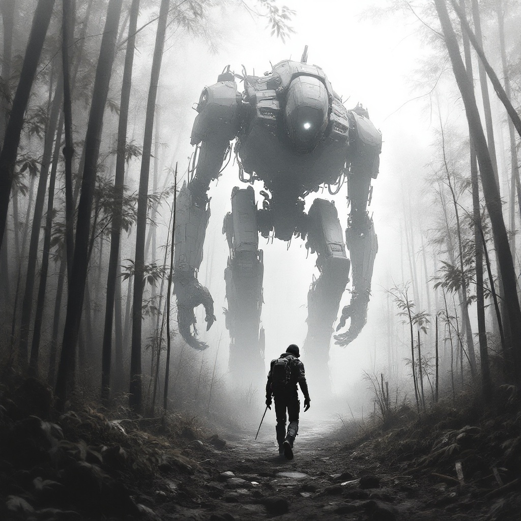 Giant mech walking through bamboo forest, ink wash meets photoreal